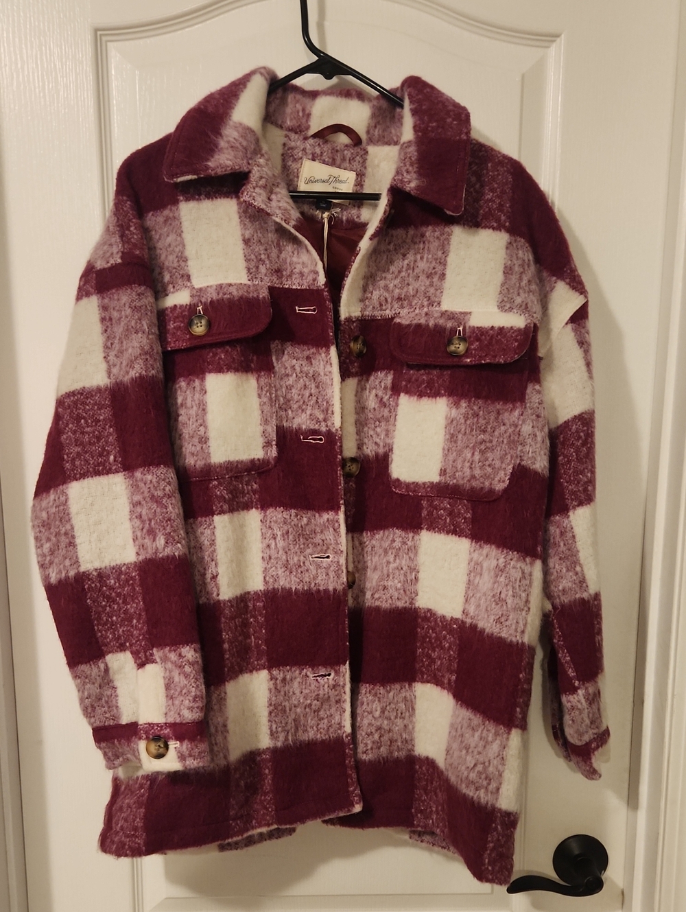 Universal Thread Burgundy and Cream Plaid Teddy Shacket